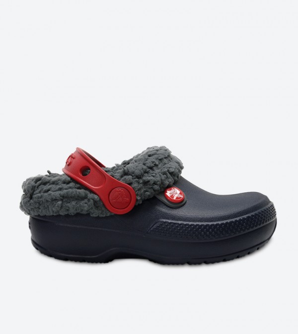 Fur Detail Round Toe Clogs - Navy